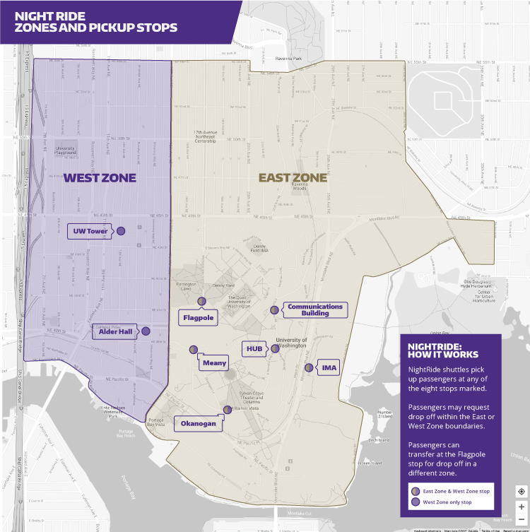 Map of the University of Washington night shuttle pick up location in West and North campus.